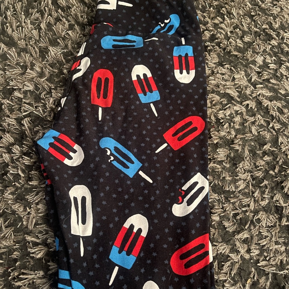 LuLaRoe Black Leggings with Red, Blue, and White Popsicle Print